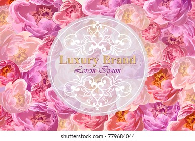 Luxury brand card with watercolor peony flowers Vector illustration. Round frames