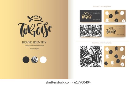 Luxury brand identity. Calligraphy 'tortoise' inscription with hand drawn turtle sign  - sophisticated logo design. Couple business card designs and seamless patterns included.
