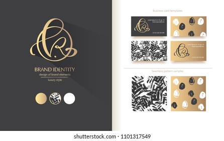 Luxury brand line logo with calligraphic lowercase k letter in a circle. Classic style branding templates. Business cards and used seamless patterns included