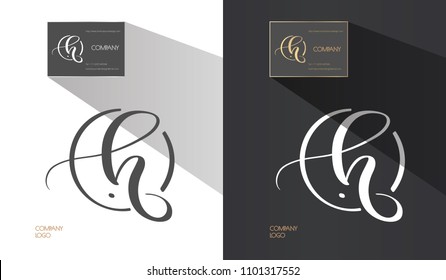 Luxury brand line logo with calligraphic lowercase h, b letter combination in a circle. Classic style branding templates. Business cards and used seamless patterns included