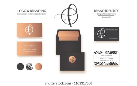 Luxury brand line logo with calligraphic lowercase f letter in a circle. Classic style branding templates. Business cards and used seamless patterns included