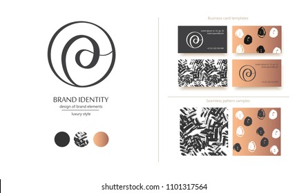 Luxury brand line logo with calligraphic  lowercase p letter in a circle. Classic style branding templates. Business cards and used seamless patterns included