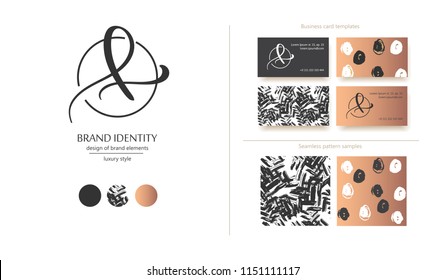 Luxury brand line logo with calligraphic uppercase A or lowercase f, l, e letter combination in a circle. Classic style branding templates. Business cards and used seamless patterns included