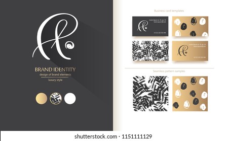 Luxury brand line logo with calligraphic uppercase A and lowercase l, t letter combination. Classic style branding templates. Business cards and used seamless patterns included