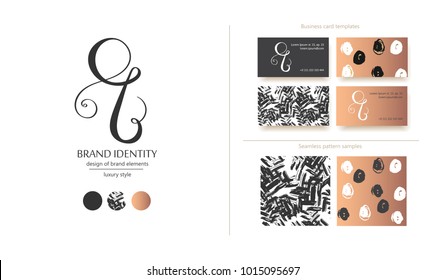 Logotipo de marca de lujo con letra minúscula o caligráfica. Plantillas de marca de estilo clásico. Se incluyen tarjetas de visita y modelos de uso sin fisuras