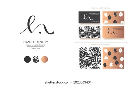 Luxury brand line logo with M, N, h or l letters combination. Classic style branding templates. Business cards and used seamless patterns included