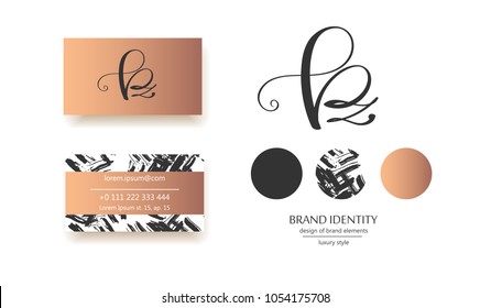 Luxury brand line logo with P and z letters combination. Classic style branding templates. Business cards and used seamless patterns included