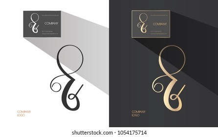 Luxury brand line logo with r and b letters combination, or calligraphic letter E interpretation. Classic style branding templates. Business cards and used seamless patterns included