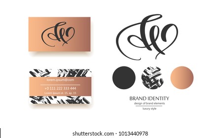 Luxury brand line logo with uppercase A and H or lowercase d, e letters combination. Classic style branding templates. Business cards and used seamless patterns included