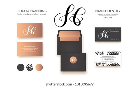 Luxury brand line logo with uppercase S or H, or lowercase s and b letters combination. Classic style branding templates. Business cards and used seamless patterns included