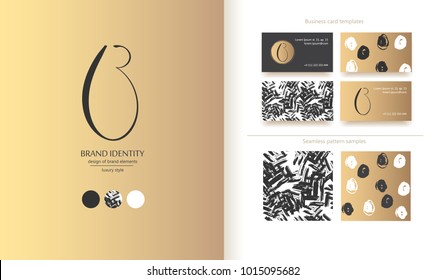 Luxury brand line logo with uppercase B calligraphic letter. Classic style branding templates. Business cards and used seamless patterns included