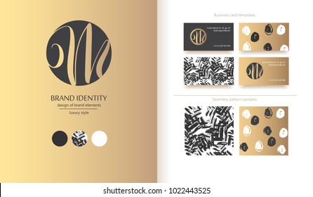 Luxury brand line logo with uppercase M  letter in a circle. Classic style branding templates. Business cards and seamless patterns included