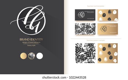 Luxury brand line logo with uppercase H and lowercase f, i and b letters combination in a circle. Classic style branding templates. Business cards and used seamless patterns included