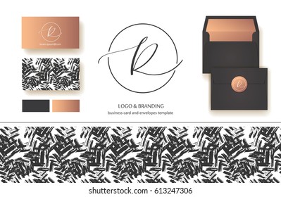 Luxury brand line logo with uppercase R letter in a circle. Classic style branding templates. Business cards and used seamless patterns included.