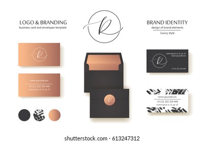 Luxury brand line logo with uppercase R letter in a circle. Classic style branding templates. Business cards and used seamless patterns included.