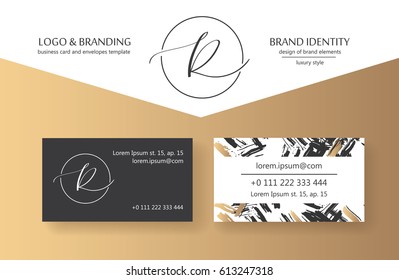 Luxury brand line logo with uppercase R letter in a circle. Classic style branding templates. Business cards and used seamless patterns included.