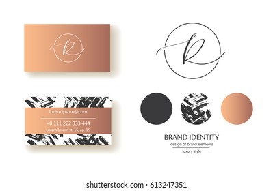 Luxury brand line logo with uppercase R letter in a circle. Classic style branding templates. Business cards and used seamless patterns included.