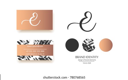 Luxury brand line logo with uppercase E letter. Classic style branding templates. Business cards and used seamless patterns included