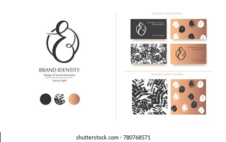 Luxury brand line logo with uppercase E or  lowercase r letter in a circle. Classic style branding templates. Business cards and used seamless patterns included