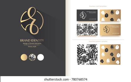 Luxury brand line logo with uppercase E or  lowercase r letter in a circle. Classic style branding templates. Business cards and used seamless patterns included