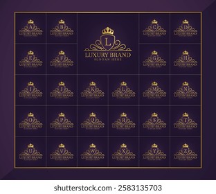 Luxury brand logo collection with elegant gold alphabet monograms and crown design on dark background  
