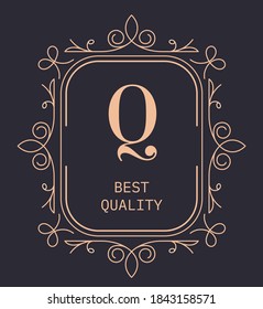 Luxury brand logotype with gold ornaments, geometric emblem with floral lines and letter. Best quality of production. Commerce and business of company, bestseller sticker vector in flat style