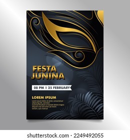 Luxury Brazilian Festival Festa Junina flyer Design with dark golden carnival mask