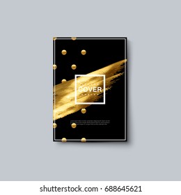 Luxury brochure cover with golden dots and stain. Vector creative illustration. Stylish black background with golden paint ornament. Suitable for booklet, invitation, postcard, leaflet, banner design