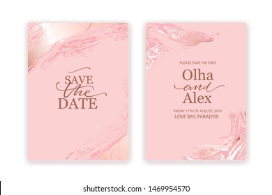 Luxury brochure, cover, wadding card template with geometric frame. Ros egold and pink blush marble texture.