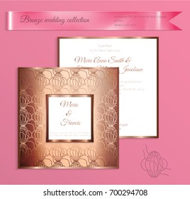 Luxury bronze shiny wedding invitation template. Back and front square card layout with rich gold bronze pattern. Isolated. Design for bridal shower, save the date, banner.