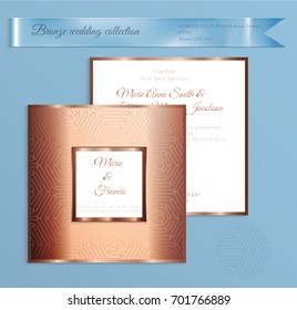 Luxury bronze shiny wedding invitation template. Back and front square card layout with rich gold bronze pattern. Isolated. Design for bridal shower, save the date, banner.