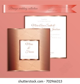 Luxury bronze shiny wedding invitation template. Back and front square card layout with rich gold bronze pattern. Isolated. Design for bridal shower, save the date, banner.