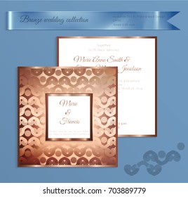 Luxury bronze shiny wedding invitation template. Back and front square card layout with rich gold bronze pattern. Isolated. Design for bridal shower, save the date, banner.