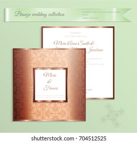 Luxury bronze shiny wedding invitation template. Back and front square card layout with rich gold bronze pattern. Isolated. Design for bridal shower, save the date, banner.