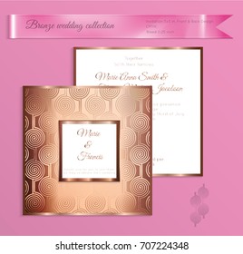 Luxury bronze shiny wedding invitation template. Back and front square card layout with rich gold bronze pattern. Isolated. Design for bridal shower, save the date, banner.