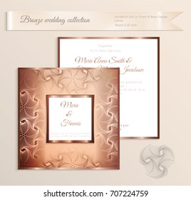Luxury bronze shiny wedding invitation template. Back and front square card layout with rich gold bronze pattern. Isolated. Design for bridal shower, save the date, banner.