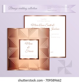 Luxury bronze shiny wedding invitation template. Back and front square card layout with rich gold bronze pattern. Isolated. Design for bridal shower, save the date, banner.