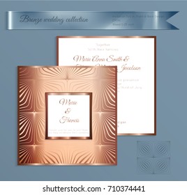 Luxury bronze shiny wedding invitation template. Back and front square card layout with rich gold bronze pattern. Isolated. Design for bridal shower, save the date, banner.