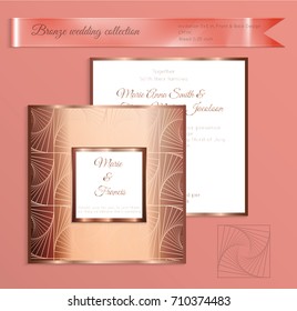 Luxury bronze shiny wedding invitation template. Back and front square card layout with rich gold bronze pattern. Isolated. Design for bridal shower, save the date, banner.