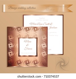 Luxury bronze shiny wedding invitation template. Back and front square card layout with rich gold bronze pattern. Isolated. Design for bridal shower, save the date, banner.