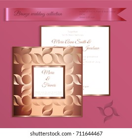 Luxury bronze shiny wedding invitation template. Back and front square card layout with rich gold bronze pattern. Isolated. Design for bridal shower, save the date, banner.