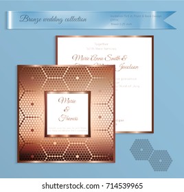 Luxury bronze shiny wedding invitation template. Back and front square card layout with rich gold bronze pattern. Isolated. Design for bridal shower, save the date, banner.
