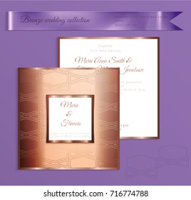 Luxury bronze shiny wedding invitation template. Back and front square card layout with rich gold bronze pattern. Isolated. Design for bridal shower, save the date, banner.