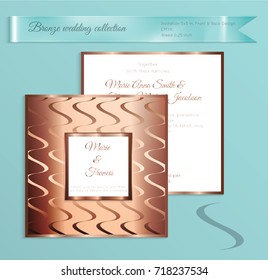 Luxury bronze shiny wedding invitation template. Back and front square card layout with rich gold bronze pattern. Isolated. Design for bridal shower, save the date, banner.