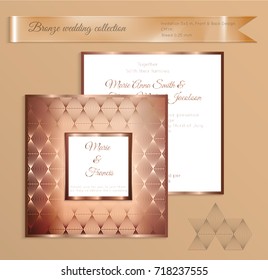 Luxury bronze shiny wedding invitation template. Back and front square card layout with rich gold bronze pattern. Isolated. Design for bridal shower, save the date, banner.