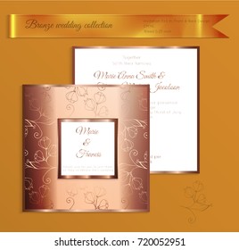 Luxury bronze shiny wedding invitation template. Back and front square card layout with rich gold bronze pattern. Isolated. Design for bridal shower, save the date, banner.