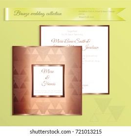 Luxury bronze shiny wedding invitation template. Back and front square card layout with rich gold bronze pattern. Isolated. Design for bridal shower, save the date, banner.