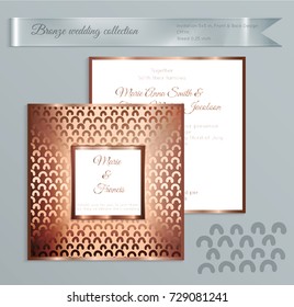 Luxury bronze shiny wedding invitation template. Back and front square card layout with rich gold bronze pattern. Isolated. Design for bridal shower, save the date, banner.