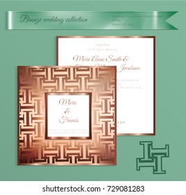 Luxury bronze shiny wedding invitation template. Back and front square card layout with rich gold bronze pattern. Isolated. Design for bridal shower, save the date, banner.