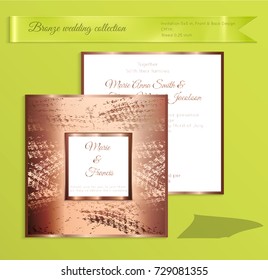 Luxury bronze shiny wedding invitation template. Back and front square card layout with rich gold bronze pattern. Isolated. Design for bridal shower, save the date, banner.